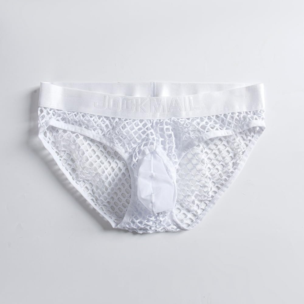 JOCKMAIL Men's Sexy Underwear Briefs Mesh Breathable Comfortable Low Rise Underwear for Men (US, Alpha, Medium, Regular, Regular, White)