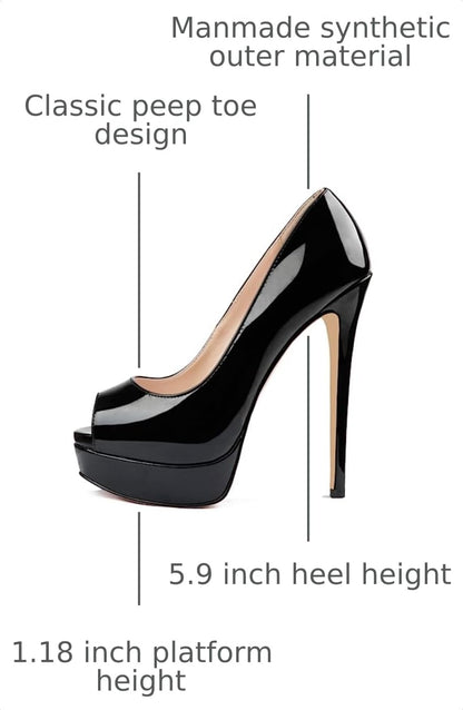 Women's Peep Toe Platform Stiletto Heels 6" Heels Black 8.5US