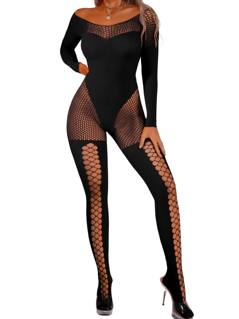 EHSUYAB Womens Sexy Full Fishnet Bodysuit, One Piece Mesh Lace Jumpsuit Body Stockings, Rave Club Poster Exotic Dancer Outfit Black One Size