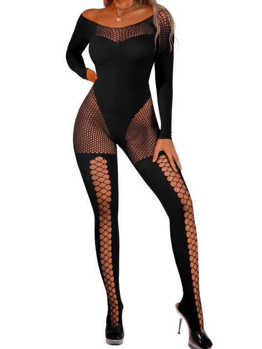 EHSUYAB Womens Sexy Full Fishnet Bodysuit, One Piece Mesh Lace Jumpsuit Body Stockings, Rave Club Poster Exotic Dancer Outfit Black One Size