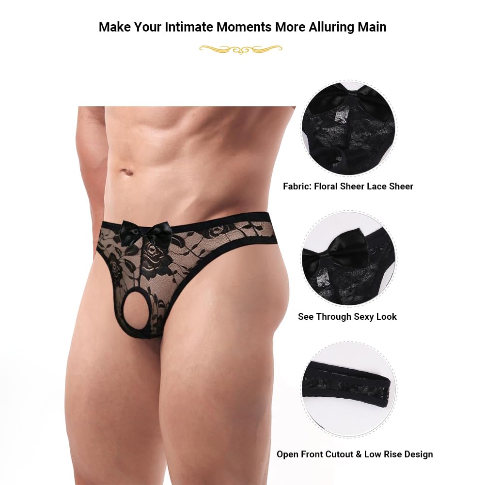 Mens Sexy Lace Underwear Open Front See Through Panties Low Rise Bikini Briefs 1-2 Pack(M720-Black-L