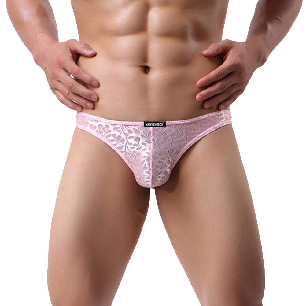 Men's Sissy Lace Floral Bulge Pouch Bikini Panties Low Rise Mesh Translucent Crossdress Lingerie Underwear Pink Medium