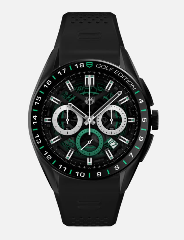 TAG Heuer Smart Watch, Fitness Watch, Connected Calibre E4 45 mm Golf Edition, Touch Screen, Waterproof, Calls, SMS, Steps, Heart Rate, Wellness, Titanium, White Or Black/Green Straps, SBR8A81.EB0251