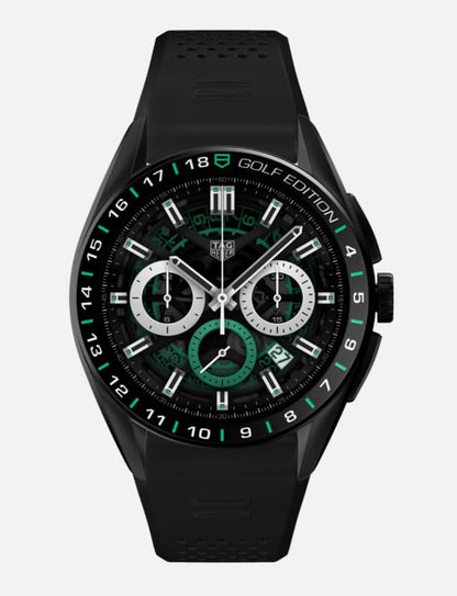 TAG Heuer Smart Watch, Fitness Watch, Connected Calibre E4 45 mm Golf Edition, Touch Screen, Waterproof, Calls, SMS, Steps, Heart Rate, Wellness, Titanium, White Or Black/Green Straps, SBR8A81.EB0251