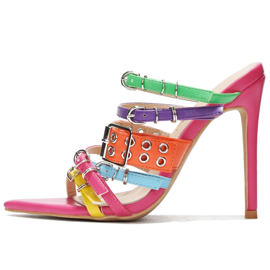 Cape Robbin Women's Slip On Stiletto Heels - 3.75 Inch Pointy Toe High Heels for Women - Dress Heels with Buckle Detail - Lightly Cushioned Comfortable Heeled Mules (Rasia-2) Multi 8