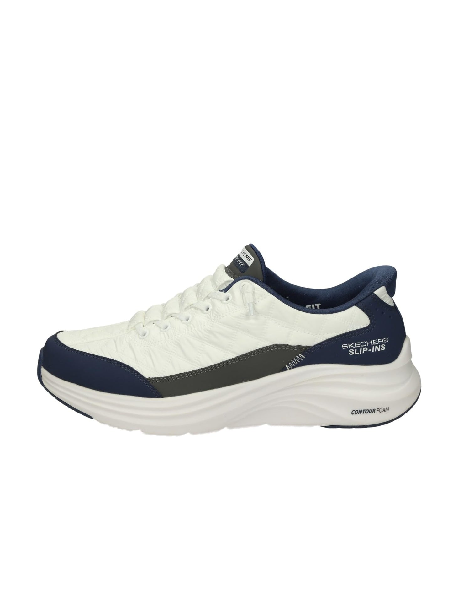 Skechers Men's Contour Foam Cozy Fit Hands Free Slip-in Sneaker,White/Navy,11.5