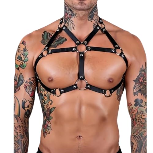 Men’s Chest Harness Belt with Adjustable Leather Shoulder Straps, Gothic Punk BDSM Harness, Bondage Belt with Choker for Cosplay, Rave Outfits, Clubwear & Nightclub Fetish Costume