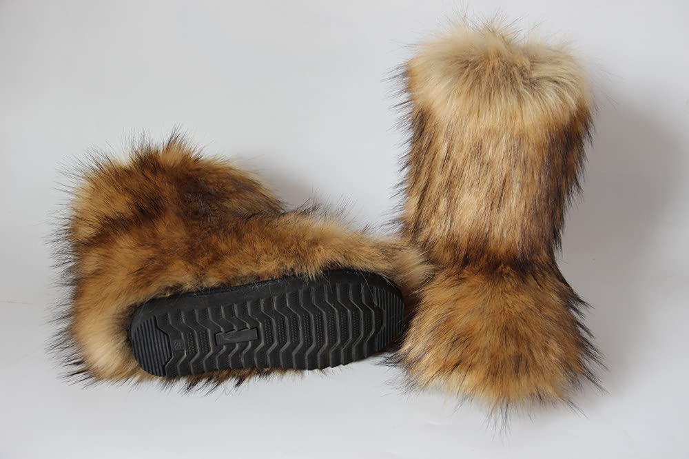 Gegefur Women's Faux fur Boot Furry Fluffy Short Snow Boot Mid-Calf Boots Warm Comfortable Outdoor Flat Shoes (Faux Raccoon, numeric_6)