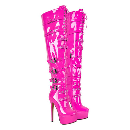 Sissy Platform Thigh High Boots with Zipper Stiletto Heel Over the Knee High Boots Lace Up Punk Motorcycle Boots Buckles Chains Rivets Ornamented Long Shaft Pink