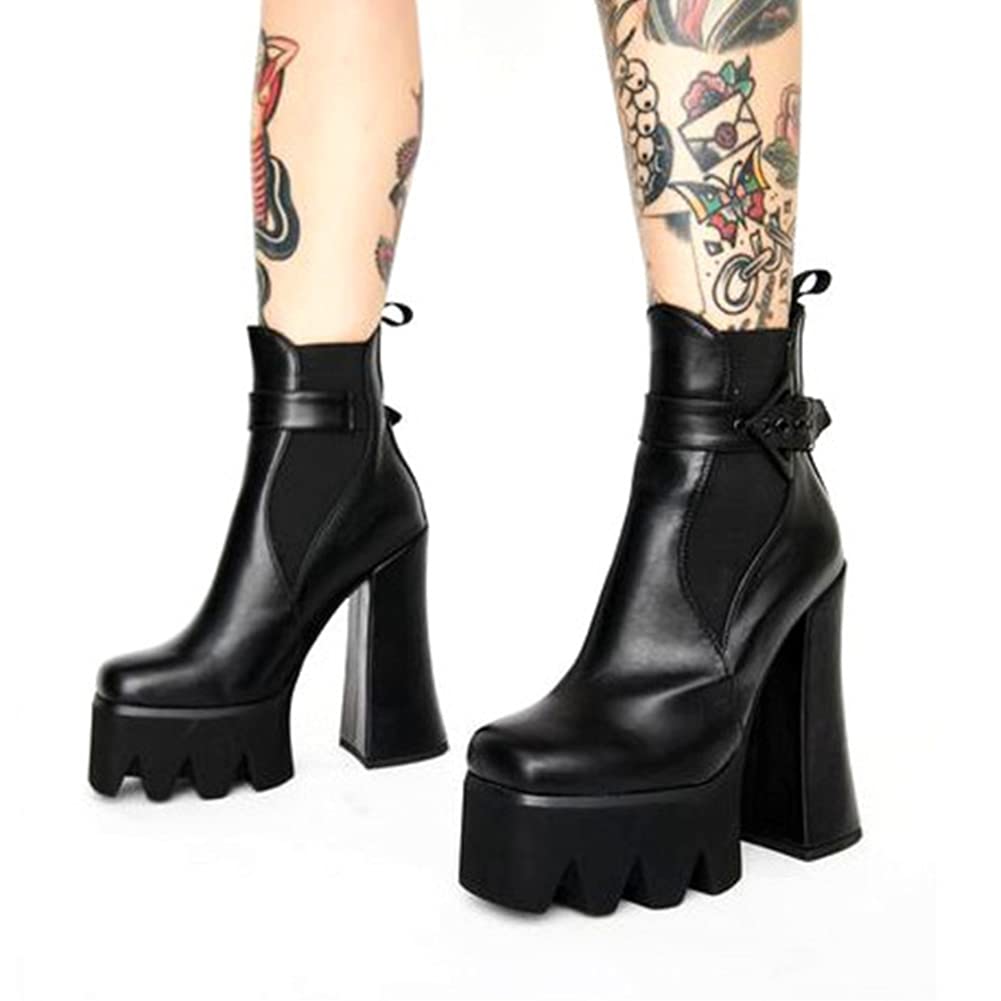 Women's Buckle Strap Thick Heel Platform Booties Ladies Elastic band High Heel Fashion Casual Ankle Boots(Black US5)