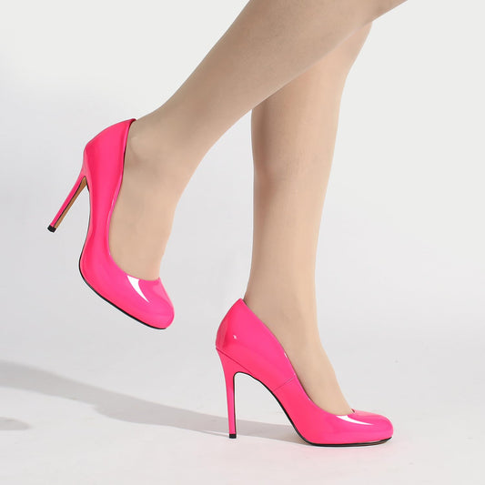 Unisex Men's Women's Round Toe High Heels Stiletto Pumps Patent Leather Heels Dress Party Shoes（Dam-G-2 Pink 15）