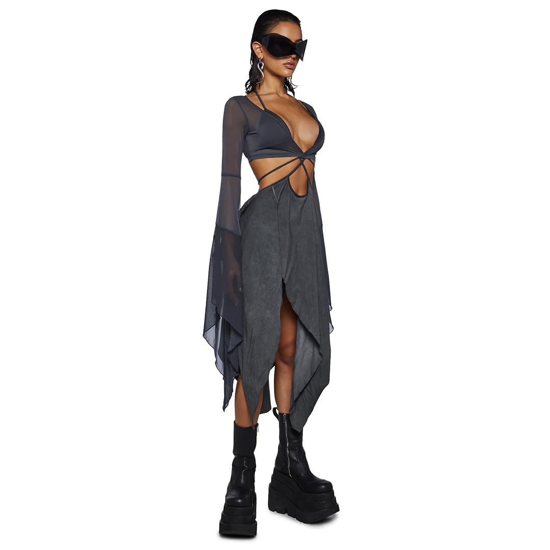 Dolls Kill Echo Asymmetrical Mesh Wrap Dress by Darker WAVS, Dark Gray, Large