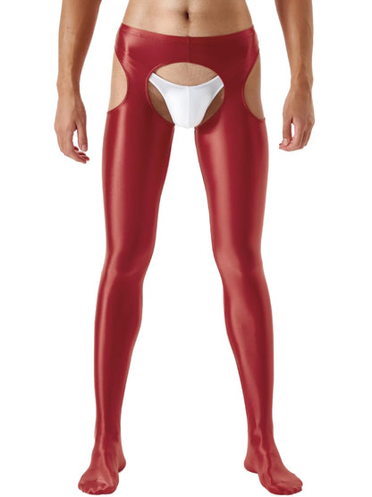 ChiaoLezhee Shiny Leggings For Men, Sheer Underwear Pants, Rave Party Outfits, Gay Lingerie Sissy Clothes Tights Sexy Glow, Burgundy, Medium