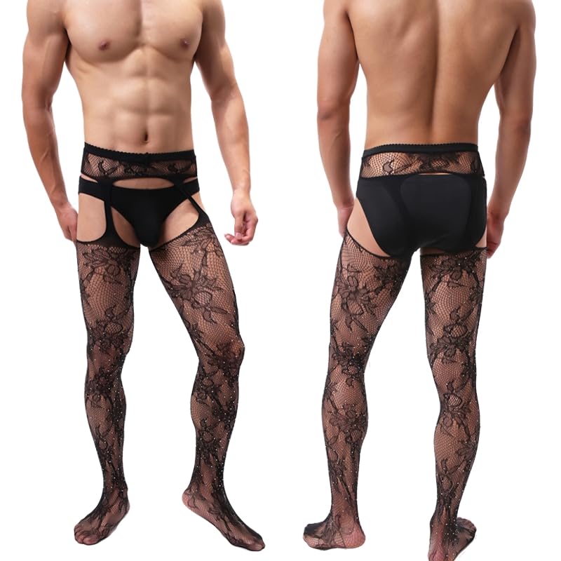 Mens Sexy Suspender Stockings Tights Rhinestone Fishnet Thigh Highs Garter Belt Suspender Pantyhose