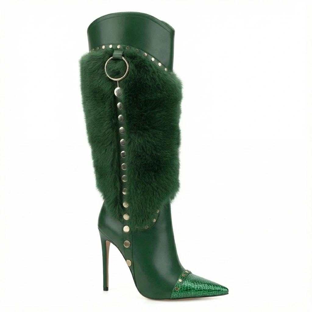 Green Premium Over-The-Knee High Heel Boots for Women - Pointed Toe, Stiletto Heel, Faux Fur, PU Leather, Perfect for Parties and Performances 8.5