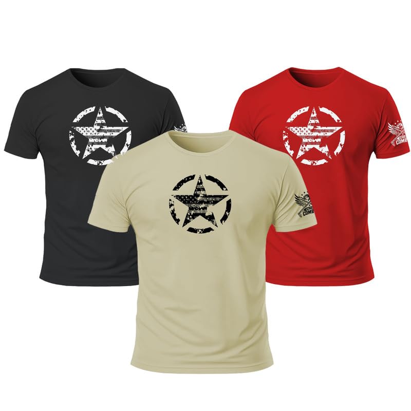 Distressed Star American Flag T-Shirt 3 Pack Patriotic USA Graphic Tee, Military Style Shirt, 4th of July Gift for Men Women