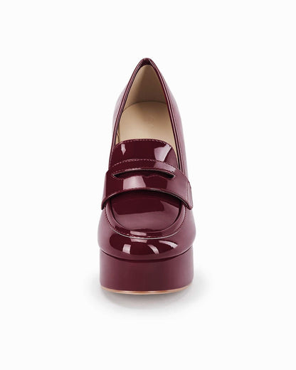 Womens Platform Heels Loafers Chunky High Heel Closed Toe Patent Leather Shoes Penny Loafer Business Dress Work Pumps Burgundy
