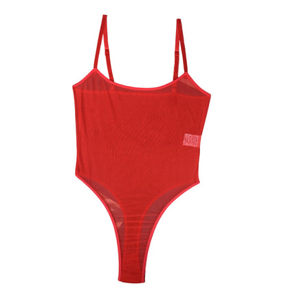 Women's Sheer Mesh Bodysuit Lingerie See Through Teddy High Cut Thong Leotard Sexy Body suit Red Large