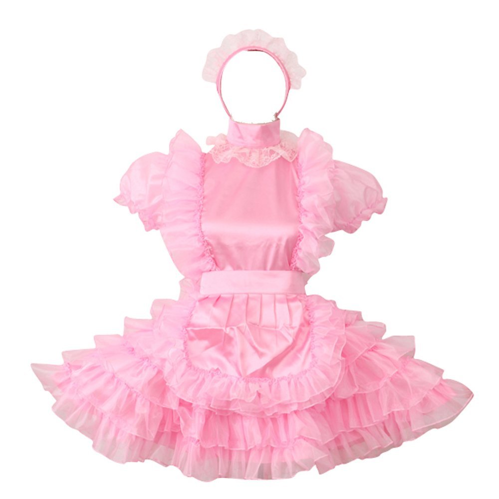 Sissy - Femboy - Women French Maid Pink Satin  Dress Crossdresser)