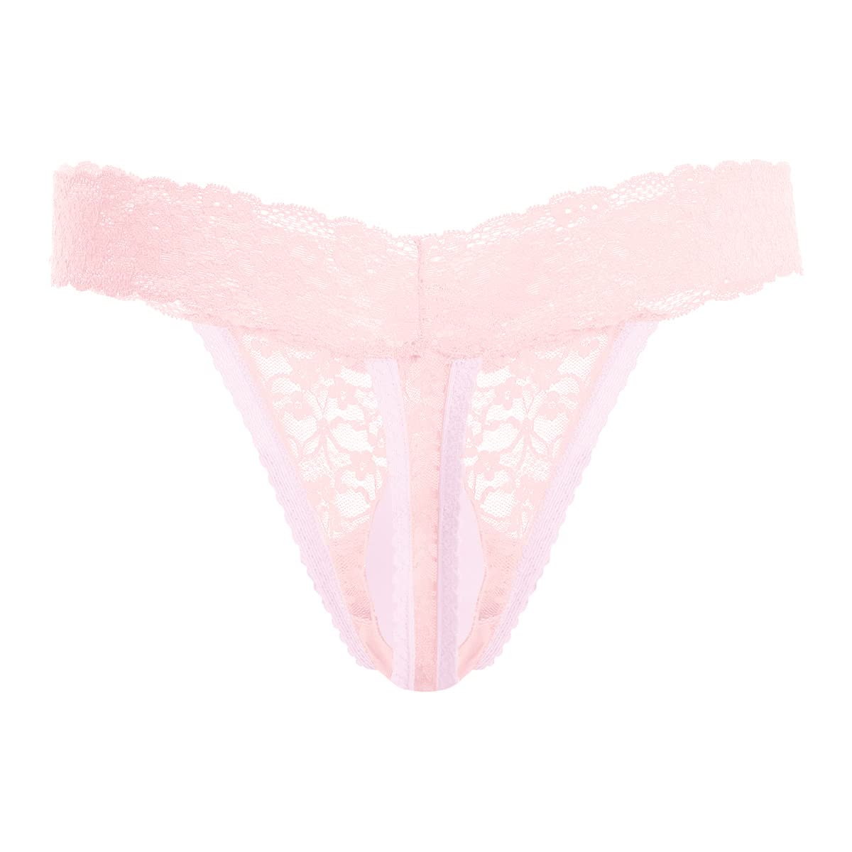Men's Lace Frilly Sissy Thong Panties Sheer Mesh Bikini Briefs T-back G-string Underwear Pink-glossy pouch Large