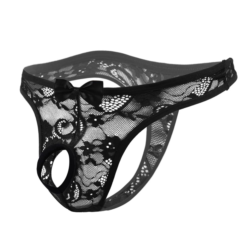 Mens Sexy Lace Underwear Open Front See Through Panties Low Rise Bikini Briefs 1-2 Pack(M720-Black-L
