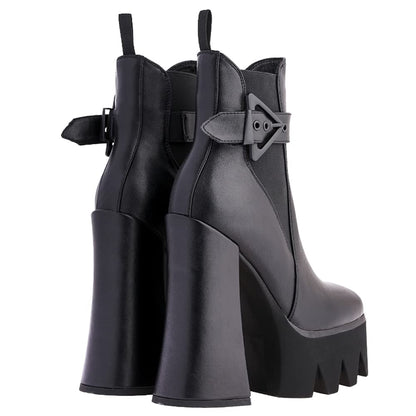 Women's Buckle Strap Thick Heel Platform Booties Ladies Elastic band High Heel Fashion Casual Ankle Boots(Black US5)