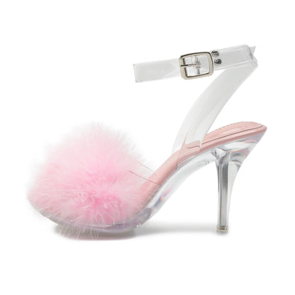 Femboy - Sissy -Fuzzy Clear Heels Ankle StrapStilettos Heels Mules Sandals Fluffy Feather Slip On High Heeled Party Prom Dresses ShoesPink-42 US10