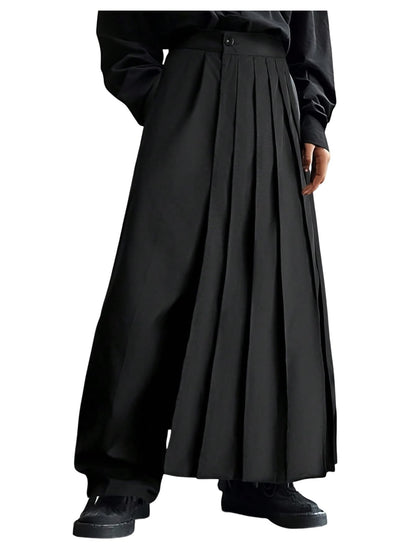 OYOANGLE Men's Skirt Pants Loose Wide Leg Asymmetrical Pleated Japanese Harajuku Kimono Trousers Black Small