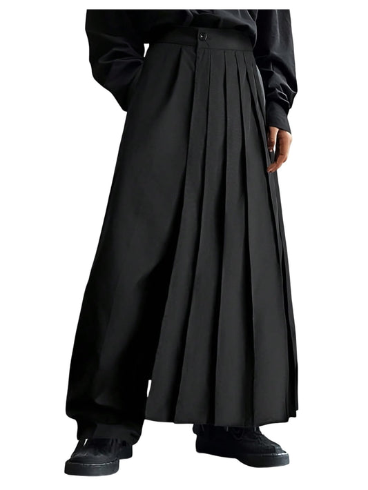 OYOANGLE Men's Skirt Pants Loose Wide Leg Asymmetrical Pleated Japanese Harajuku Kimono Trousers Black Small