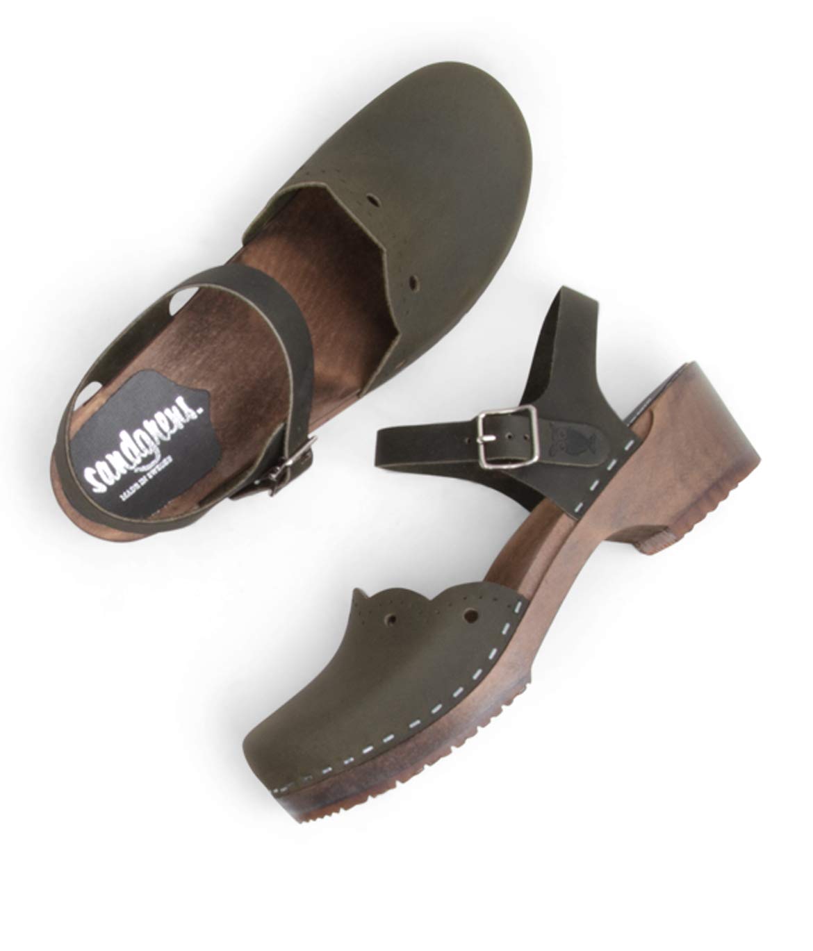 Sandgrens Handmade Swedish Wood Clogs for Women, Low Heel Sandal US 11-11.5 | Milan Olive Nubuck DK, EU 42
