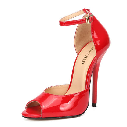 Unisex Men's Women's Peep Toe Stiletto Heels, Ankle Strap Sandals, D'Orsay Style, 5.1-Inch Heel Patent Red EU45 - size 13 Women/11.5 Men