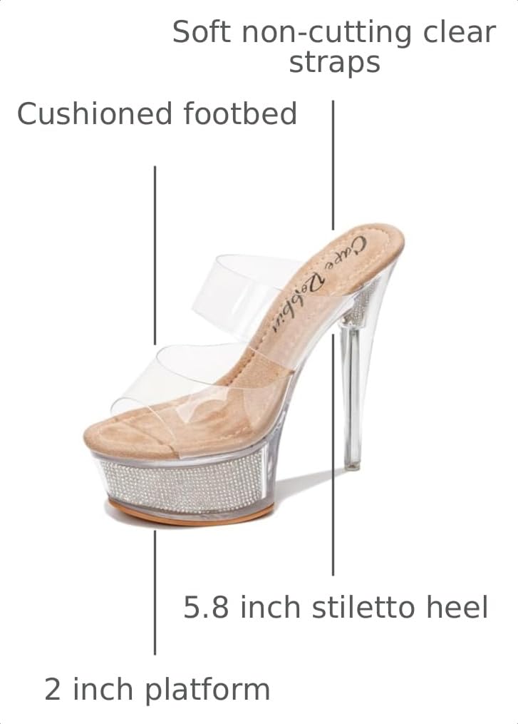 Women's Clear Platform Stiletto Heels | Slip-On Rhinestone Transparent Straps, Round Toe (Ferrara) - Nude Size 10