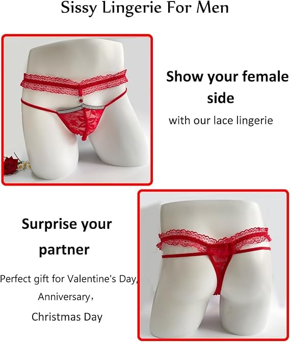 Men's Lace Sissy Panties - Pouch Thong, Feminine Underwear For Men Sexy Gay Lingerie Crossdresser Pink