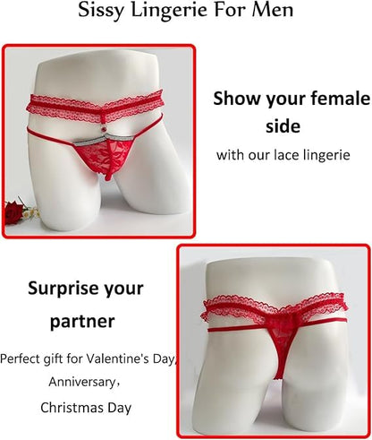 Men's Lace Sissy Panties - Pouch Thong, Feminine Underwear For Men Sexy Gay Lingerie Crossdresser Pink