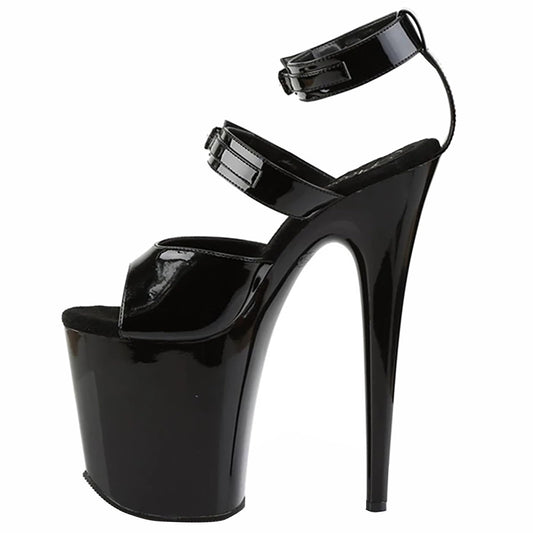 Platform Heels for Women 2026 Open Toe Extreme High Heel Sandals Patent Finish Thick Platform Stiletto Heels Ankle Strap Buckle Detail Nightclub Party Stage Dance Performance Evening Dress Shoes (Black,9)