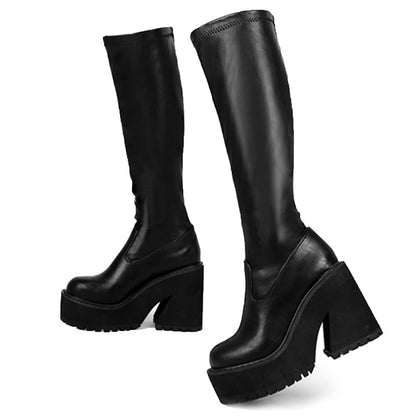 Womens Elastic Knee High Boots Platform Chunky Block High Heel Sock Boots Zipper Round Toe Fashion Motorcycle Combat Punk Boots For Women Black size 8.5