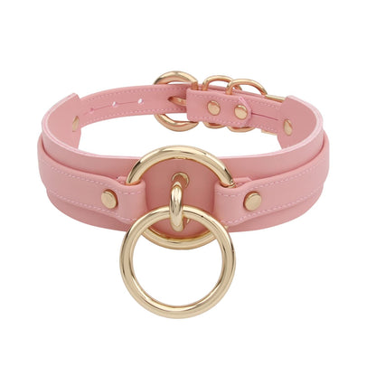 Fashion O-Ring Faux Leather Choker Necklaces Collar For Womens (Pink Gold)