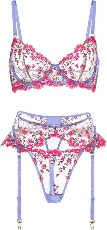 Lingerie Set Floral Embroidery with Garter Belt Pink