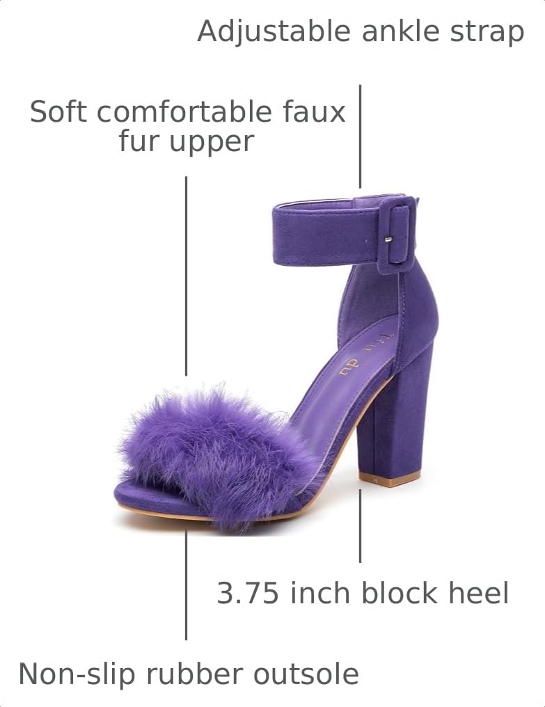 Women's Faux Fur Block Heels Ankle Strap Open Toe Sandals