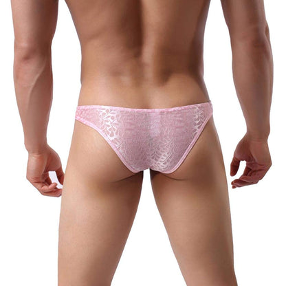 Men's Sissy Lace Floral Bulge Pouch Bikini Panties Low Rise Mesh Translucent Crossdress Lingerie Underwear Pink Medium