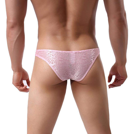 Men's Sissy Lace Floral Bulge Pouch Bikini Panties Low Rise Mesh Translucent Crossdress Lingerie Underwear Pink Medium