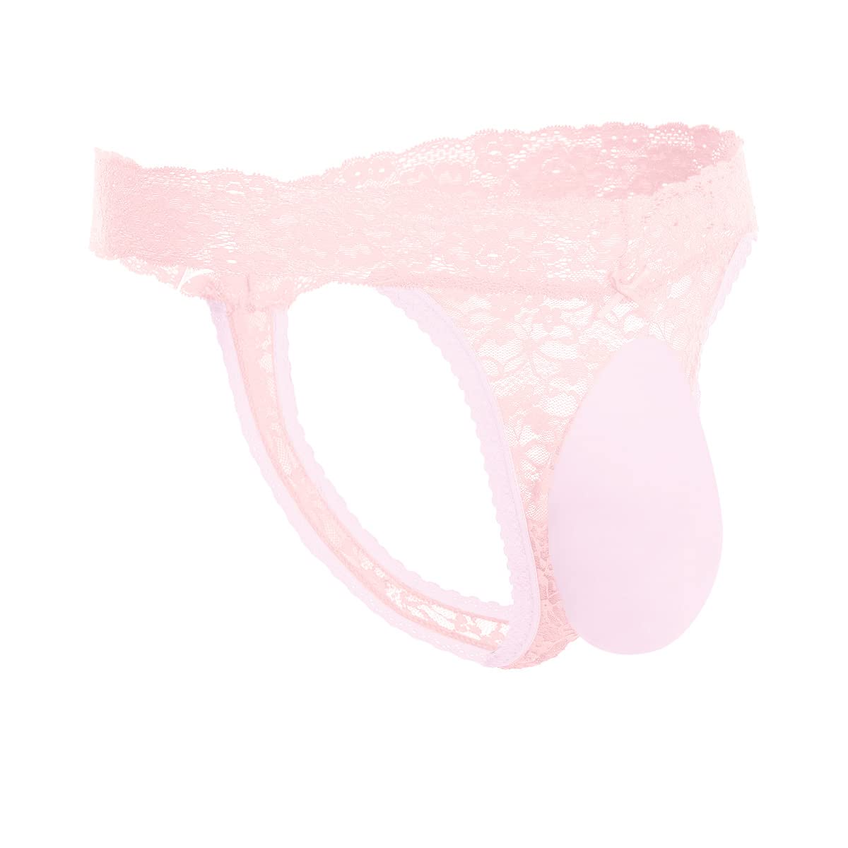 Men's Lace Frilly Sissy Thong Panties Sheer Mesh Bikini Briefs T-back G-string Underwear Pink-glossy pouch Large