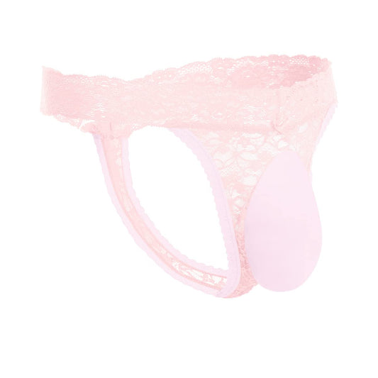 Men's Lace Frilly Sissy Thong Panties Sheer Mesh Bikini Briefs T-back G-string Underwear Pink-glossy pouch Large