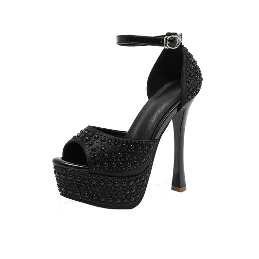 TSKLIYER Womens Black Heels Peep Open Toe Heels 5.1 Inch Platform Heeld Sandals Party Prom Catwalk Shoes (Black,6.5)