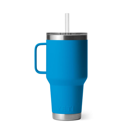 YETI Rambler 35 oz Tumbler with Handle and Straw Lid, Travel Mug Water Tumbler, Vacuum Insulated Cup with Handle, Stainless Steel, Big Wave Blue