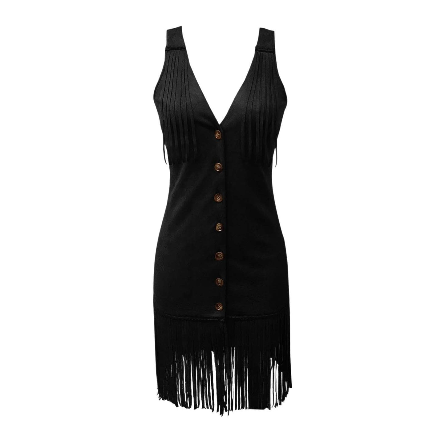 Western Cowgirl Dress for Women Sexy Button V Neck Sleeveless Vintage Tassel Fringe Suede Mini Dresses