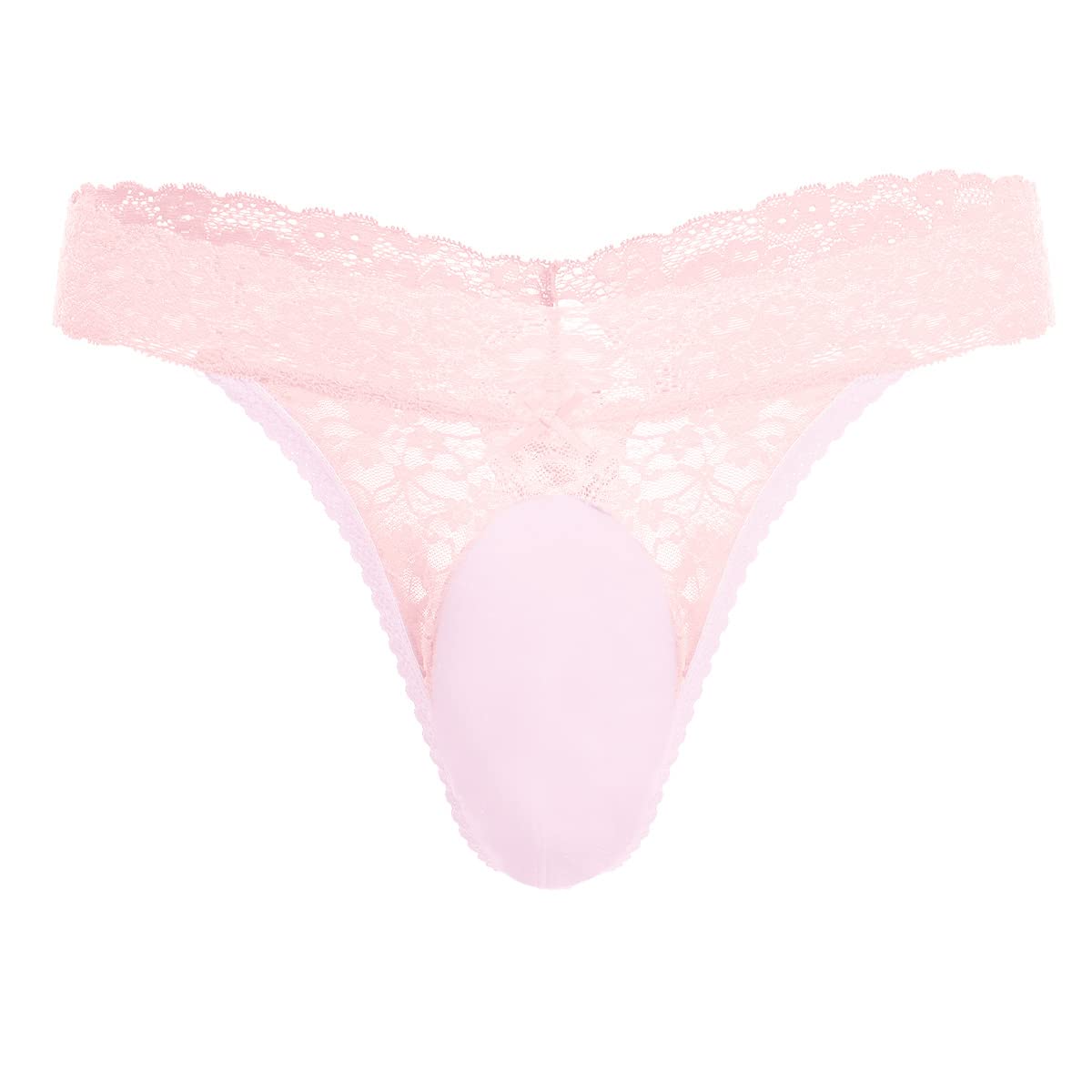 Men's Lace Frilly Sissy Thong Panties Sheer Mesh Bikini Briefs T-back G-string Underwear Pink-glossy pouch Large