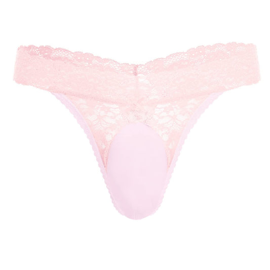 Men's Lace Frilly Sissy Thong Panties Sheer Mesh Bikini Briefs T-back G-string Underwear Pink-glossy pouch Large
