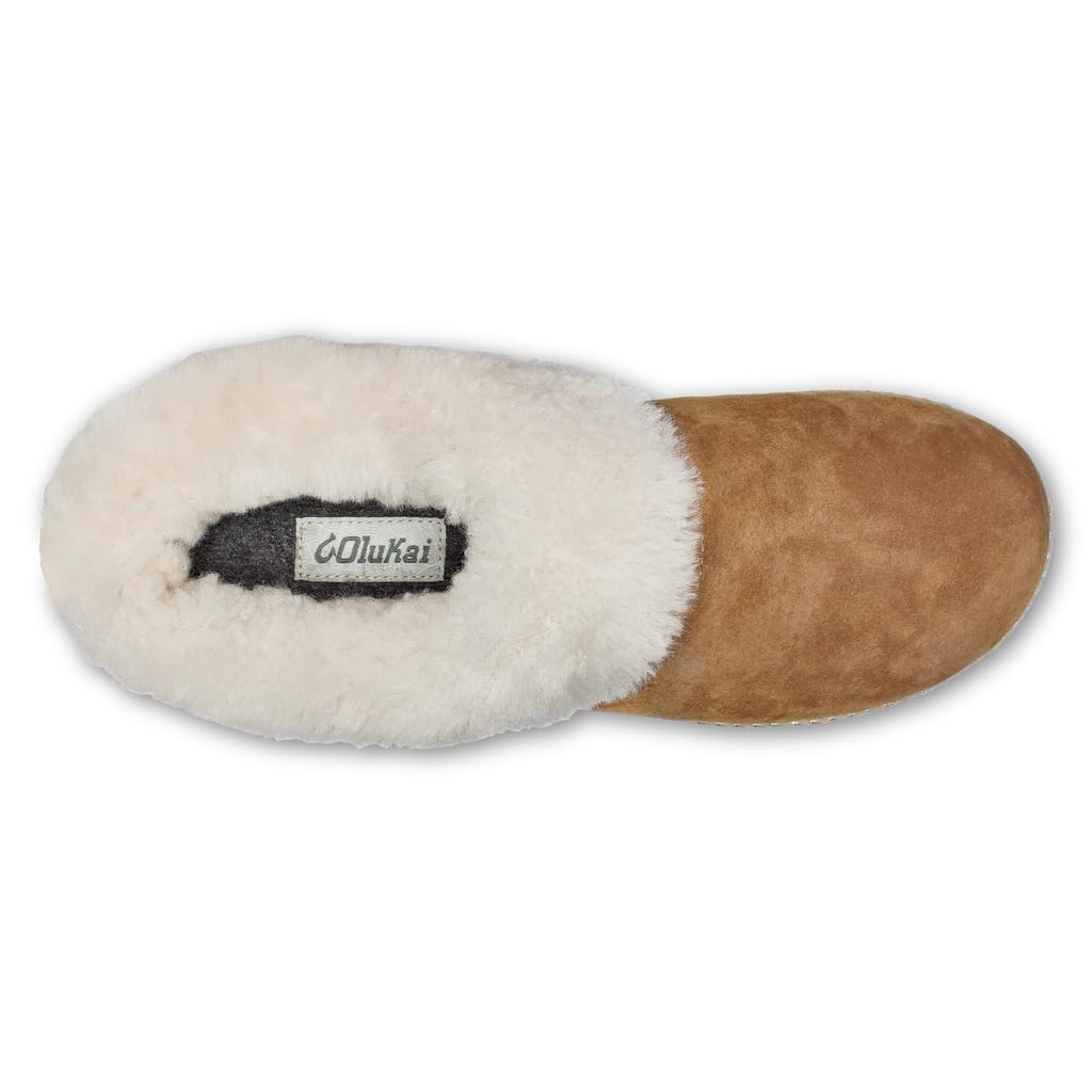 OLUKAI Ku'i Women's Slipper, Soft Full-Grain Leather & Wool Blend Footbed, Wet Grip Soles for Inside & Outside Wear, Cute & Comfortable Slip-On, Tan/Bone, 10