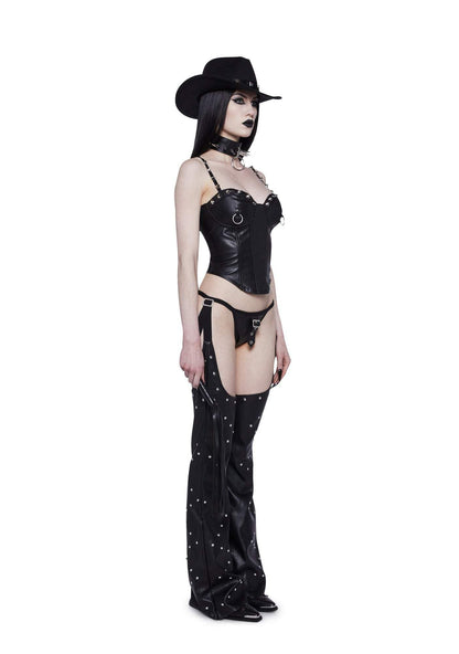 Dolls Kill Demanding Cowgirl Costume Set by Trickz N’ Treatz – Women’s Black Bustier Outfit with Chaps, Hat & Accessories – Black, XX-Large